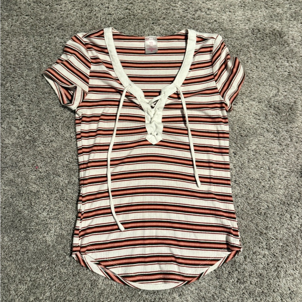 No Boundaries Striped Lace-Up Tee - Cream, Black, Brown